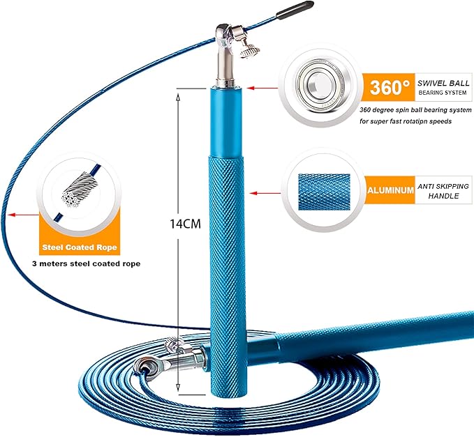 Speed Jump Rope - 360° Swivel Ball Bearing - Adjustable steel coated rope-Aluminum Anti Skipping Handle -Fitness Training Boxing Sports Exercises -Suitable for Kids and Adults