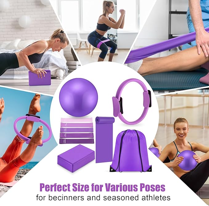 10 Pcs Home Pilates Ring Set for Women Yoga Equipment Accessories Pilates Ring Circle and Ball Workouts Gift Include Ball Yoga Circle Resistance Bands Block Straps Gym Bag