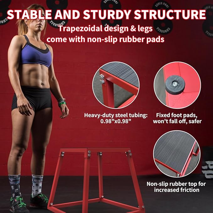 Metal Plyometric Jumping Box, 12 Inch Steel Plyo Box for Fitness Exercise Home Gym, Red, 550 LBS