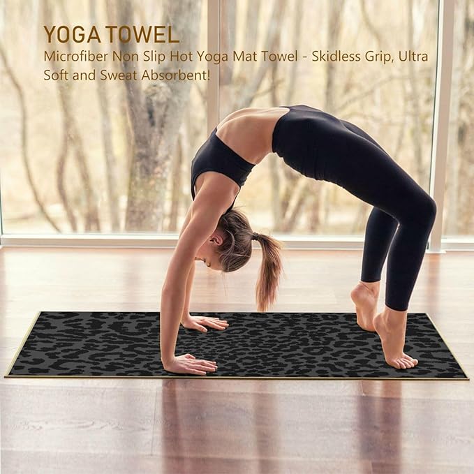 YETTASBIN Leopard Black Yoga Mat Towel, Non Slip Sweat Absorbent Hot Yoga Towel Portable Lightweight Travel Workout Towel with Storage Bag for Home Yoga, Pilates, Fitness 73x 27 Inch