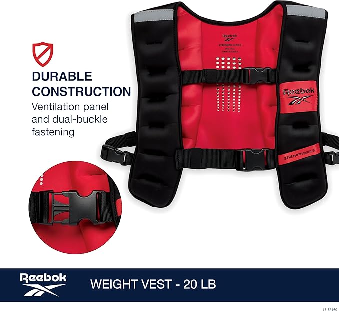 Reebok Weighted Vest Premium Adjustable Strength Training Vest with Reflective Trim for Full-Body Workouts, Cardio, Running & Rehabilitation – Comfort Fit, Durable Material