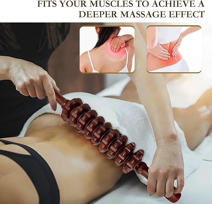 Wood Therapy Massage Roller Stick with Release Myofascial Trigger Points, Massager Tool for Cellulite Reduction, Muscle Tension and Lymphatic Drainage Physical Therapy Recover (Brown)