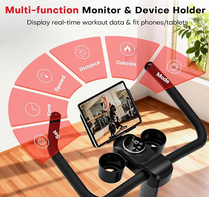 CHAOKE Exercise Bike, Quiet Adjustable Magnetic Stationary Bike for Home Cardio with App Compatible, 350LB Weight Capacity Indoor Cycling Bike with Large Seat, Dumbbell Rack, Pull Cords & LCD Display