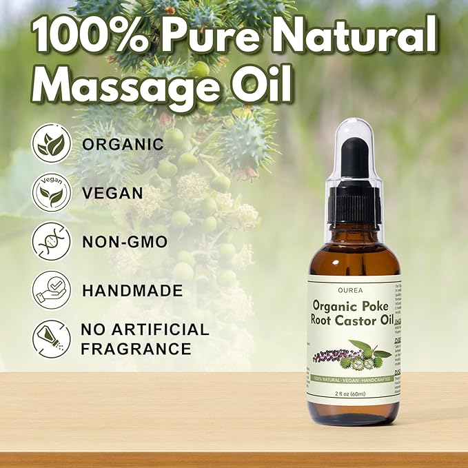 Organic Poke Root Castor Oil – 2 Fl Oz Natural Lymphatic Support Massage Oil, Soothing Relief for Cysts, Boils, Breast, Fibroids, Swollen Lymph Nodes & Joint – Deep Tissue Drops
