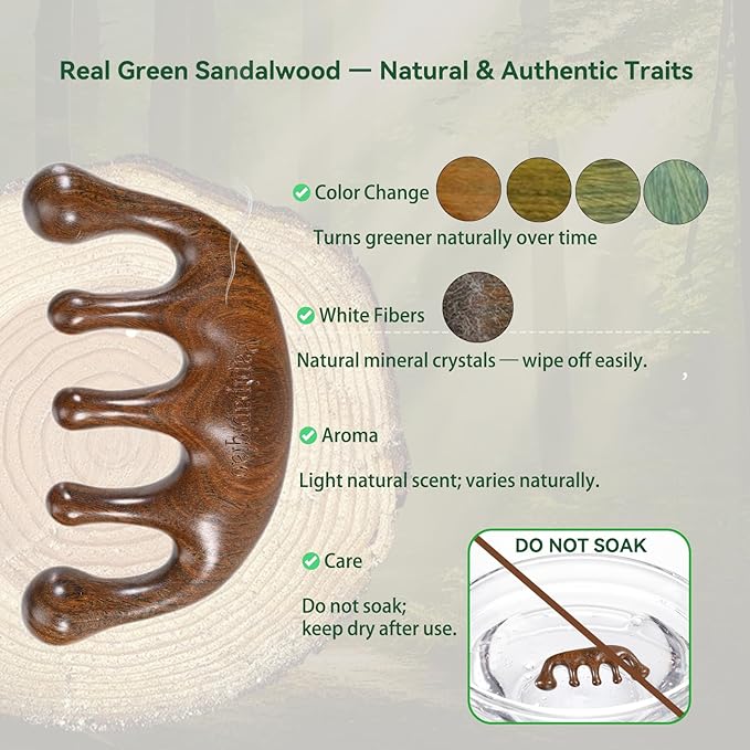 Natural Green Sandalwood Gua Sha Comb – Wooden Face, Scalp & Body Massage Tool, Multi-Point Manual Trigger & Pressure Point Massager, Travel-Size Relaxation & Self-Care Gift for Women & Men