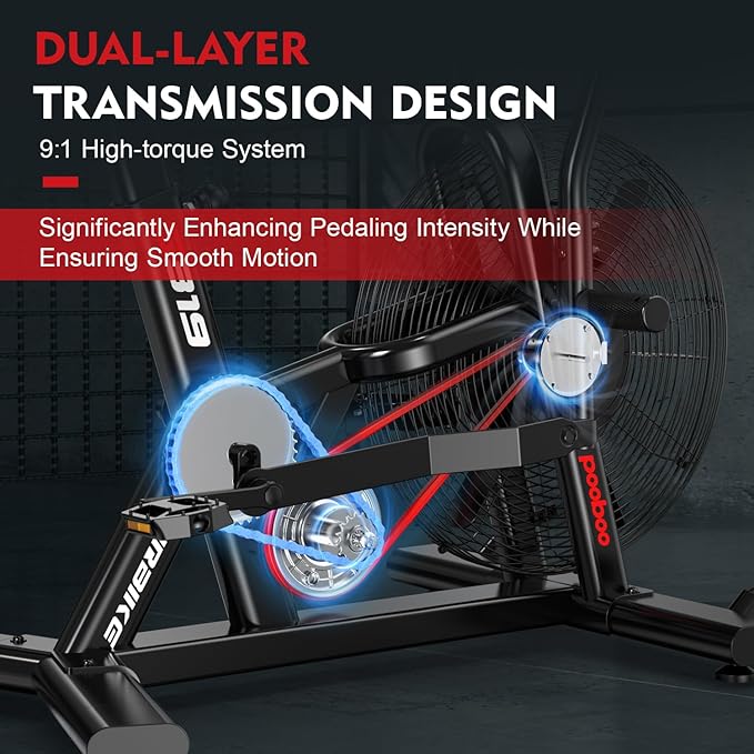 pooboo Exercise Bike, Stationary Bike for Home Gym, Air Resistance Bluetooth Fan Bike w/Dual Acction Handlebars & Dual-Layer Transmission System, Upright AirBike Indoor Cycling Bike for Cardio Workout