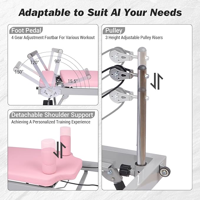 Pilates Reformer Machine Equipment Pink ,Foldable Home Reformer Pilates with Resistance Cords for Workout,Paeta Pilates Reformer