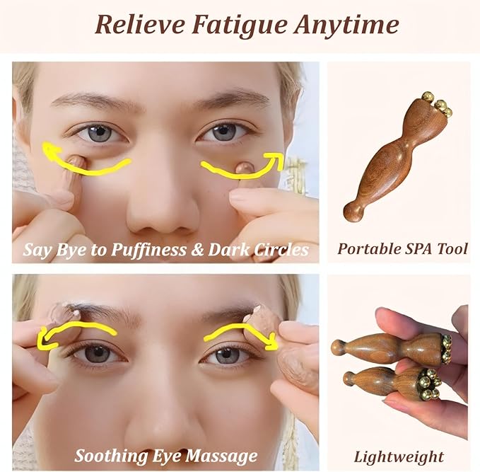Facial Massage Tool Set 2pcs Sandalwood Eye Massager with 5 Copper Beads Wooden Facial Massage Tools Gua Sha Eye Massager Tool for Face Acupressure Head Massage Wood Therapy Manual Massage Tool