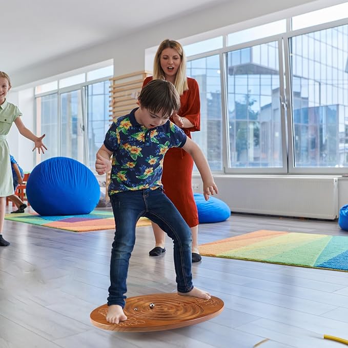Wooden Balance Board with Maze Wobble Board with 2 Beads Rocker Balance Disk for Leg Workout, Exercise Training, Physical Therapy, Bodyweight Fitness, Skiing, Surfing, Skateboarding