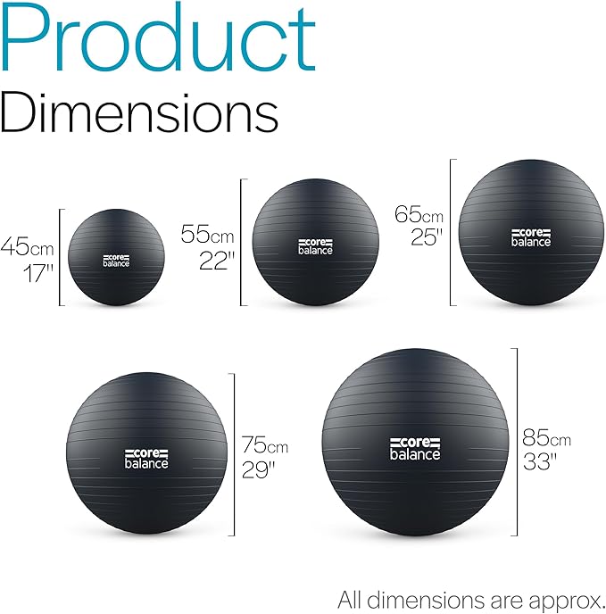 Core Balance Exercise Ball, Stability Ball for Yoga, Pilates and Fitness, Gym Ball for Home Gym and Office Chair, Training, Physical Therapy, Anti Burst, Pump Included, 55cm 65cm 75cm 85cm