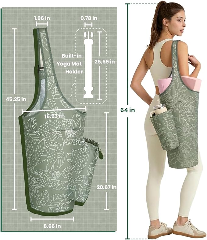 sportsnew Yoga Mat Bag for Women with Drawstring Pocket & Inner Pocket, Large Opening Yoga Mat Carrier for Quick Access, Adjustable Shoulder Strap, Fits 1/4" & 1/2" Thick Mats for Workout, Gym, Pilate
