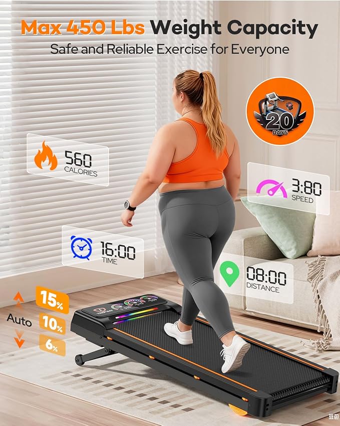 Walking Pad Treadmill with 15% 12-Level Auto Incline, 450 lbs Capacity UI Screen, Trisomy 3.5HP Quiet Under Desk Treadmill with Bluetooth Speaker & Remote, Compact Treadmills for Home Hiking Control