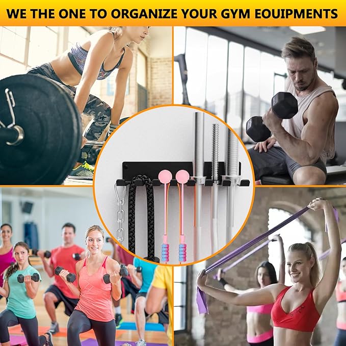 Gym Rack Organizer, Home Gym Accessories Hanger, Wall Mount Hooks for Olympic Barbells, Row Handles, Bats or Tools (E-Book Instruction Included)