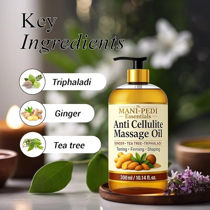 Anti Cellulite Massage Oil with Ginger Oil for Lymphatic Drainage Massage. Enriched with Tea-Tree Oil & Natural Herbs for Toning, Firming & Shaping. Natural & Organic - 10 Fl Oz