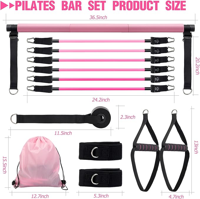 Pilates Bar Kit with Resistance Bands, Multifunctional Pilates Bar for Women & Men with Heavy-Duty Metal Adjustment Buckle, Pilates Home Equipment for Full Body Workouts