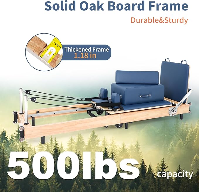 Pilates Reformer Machine,Oak Wood Home Pilates Equipment, Foldable Pilates Reformer with Reformer Box, Jump Board for Home Workouts and Body Exercises, Suits for Studio Gym Yoga