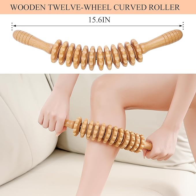 Wood Cellulite Massage Roller Wood Therapy Massage Tools Body Roller Fascia Blaster Lymphatic Drainage Massager for Legs Thighs Muscle Pain Relief(White 12-Wheel)