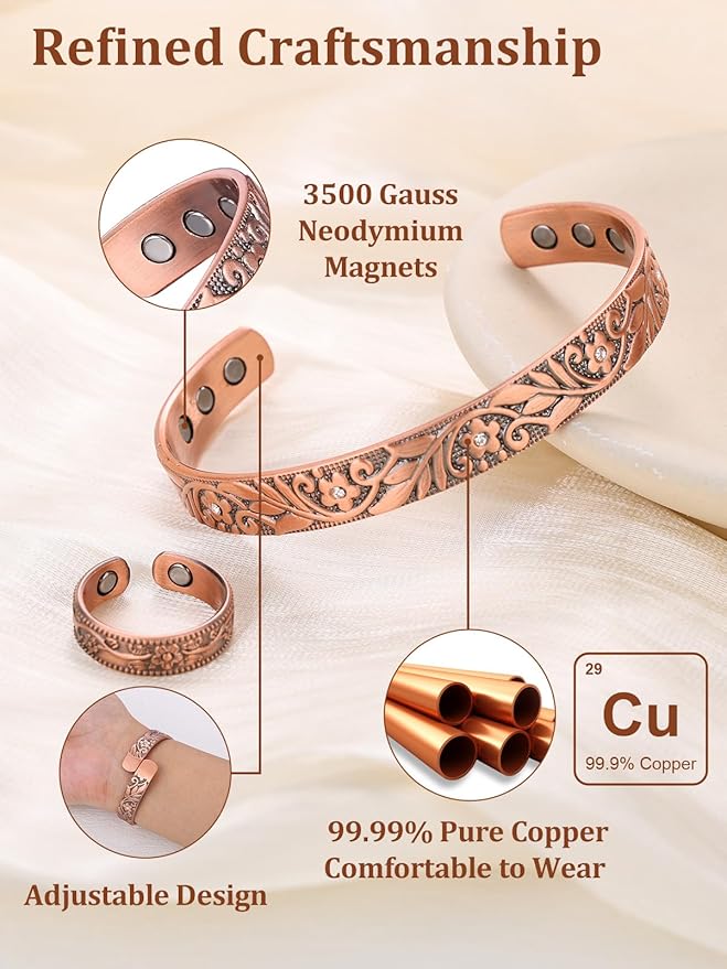 BioMag Copper Bracelet & Ring for Women, 99.99% Pure Copper Magnetic Bracelet Lymphatic Drainage Rings with 3500 Gauss Magnets, Adjustable & Flower Pattern (Copper-D)