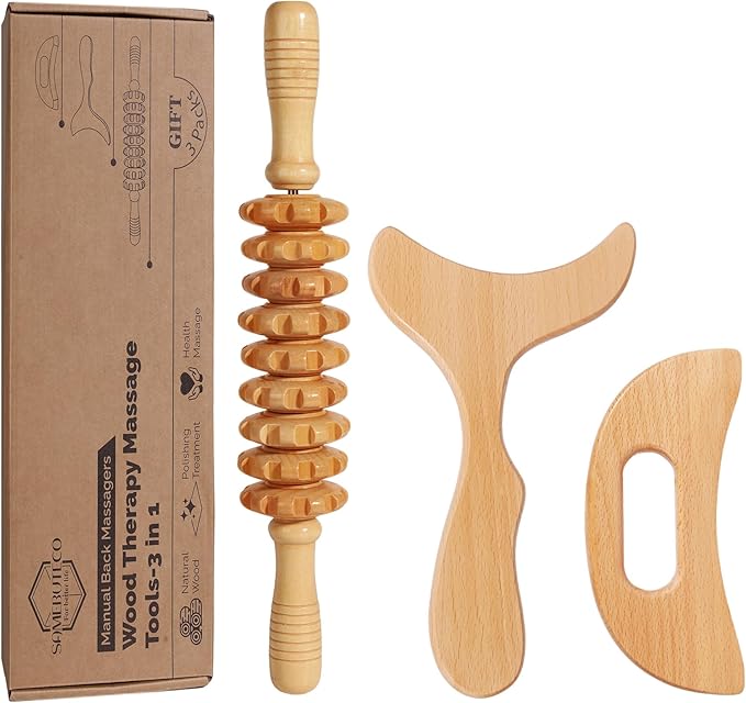 3 in 1 Lymphatic Drainage Massager Wood Manual Fascia Massage Roller and Gua Sha Tool Set for Body Release Cellulite Anti Cellulite and Relieve Muscle Fatigue 3 Packs