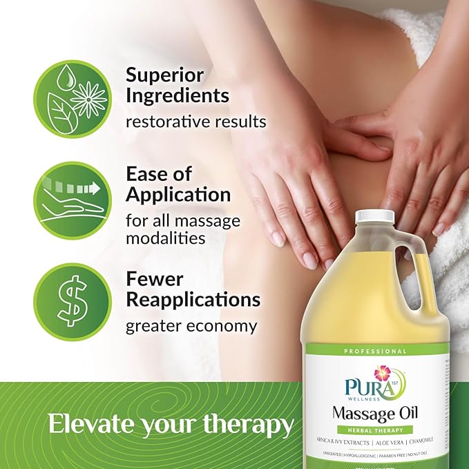 Herbal Therapy 1 Gallon Massage Oil, Aloe Vera, Professional, Massage Therapy, Deep Tissue, Unscented, Hypoallergenic, Natural Ingredients, Skin Hydrating, Moisturizing, Muscle Relief