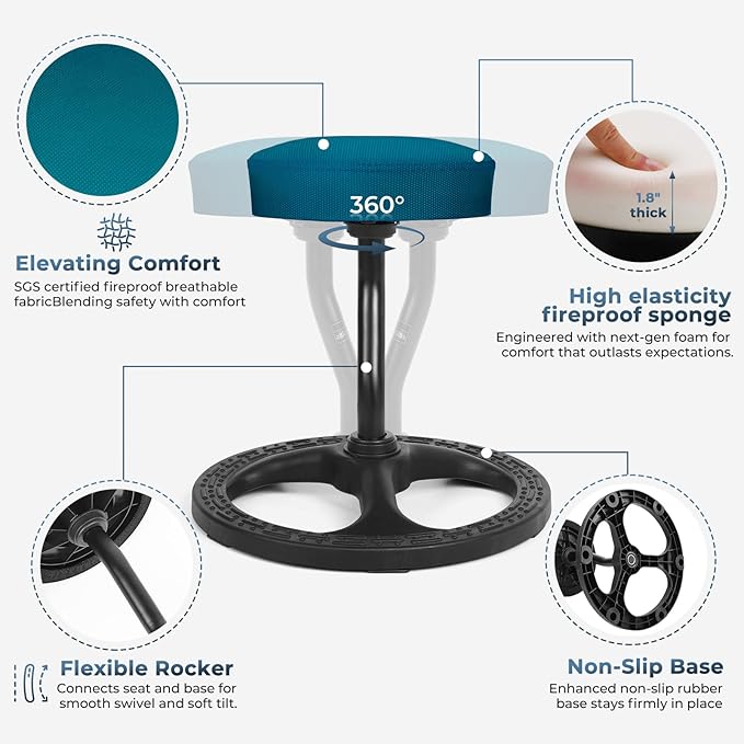 ADHD Chair for Kids, Yoga Chairs for Adults, Wobble Stool Active Flexible Seating Desk Chair with Non-Slip Base and Washable Seat Cover for Stability, Balance, Yoga, Office, School, Classroom