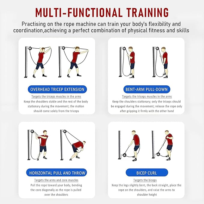 Endless Rope Trainer, Suspension Pulley Cable Machine with Adjustable Resistance, Pull Rope Fitness Training Equipment, for Physical Training red