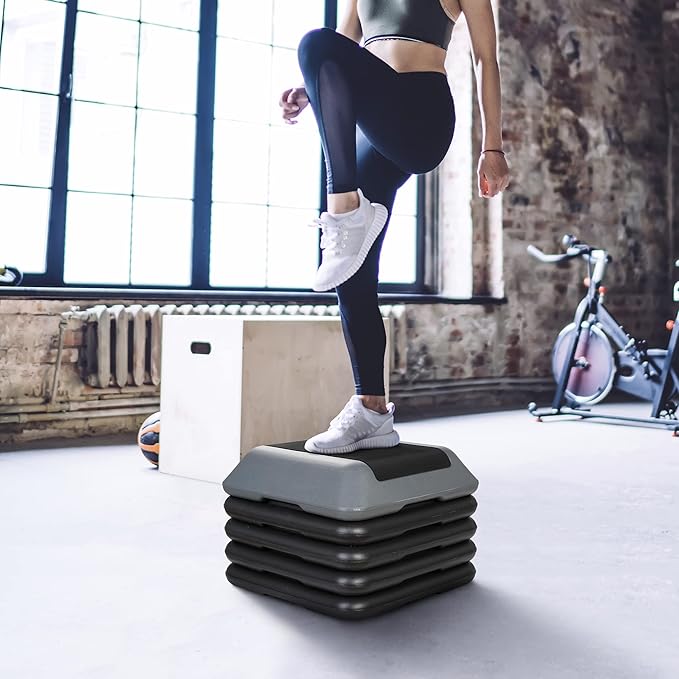 16" x 16" Adjustable Exercise Aerobic Step Platform Fitness Stepper with 4 Removable Risers 4'' - 6'' - 8''-10''-12'' Height for Home Gym Cardio Strength and Training