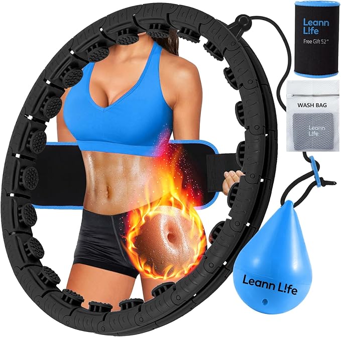 U2 Black-32 Knots 19”- 65”, Detachable & Size Adjustable Weighted Hula Hoop for Kids Adults Weight Loss, Infinity Hoop Plus Size, Abdominal Toner,5 Color Balls, Free Waist Trimmer&Wash Bag