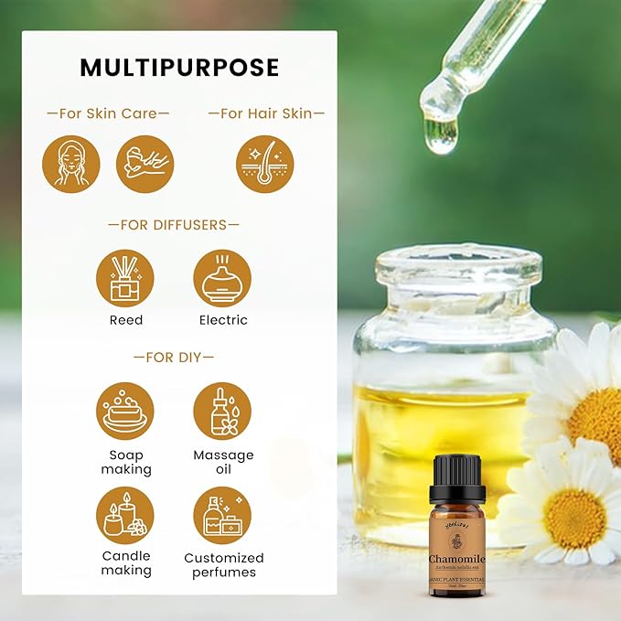Yethious Organic Chamomile Essential Oil 100% Pure Aromatherapy Oils for Diffuser, Skin, Hair and Face, 10 Milliliters