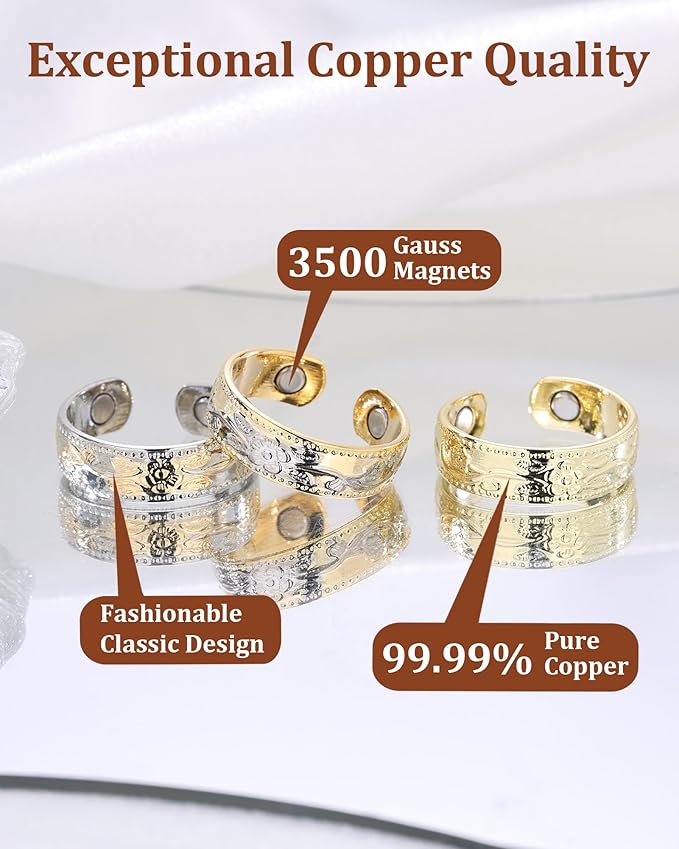 BioMag Magnetic Lymphatic Drainage Ring Set, 3 Pcs 99.99% Pure Copper Magnetic Rings for Women with 3500 Gauss Magnets, Adjustable Size, Floral Branch and Leaf Pattern
