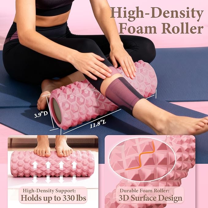 Pink Pilates Ring Kit with 14.5 inch Magic Circle & Foam Roller, Ergonomic Home Workout Equipment Set, Full Pilates Essentials for Women Beginners - Includes Exercise Guide & Storage Bag