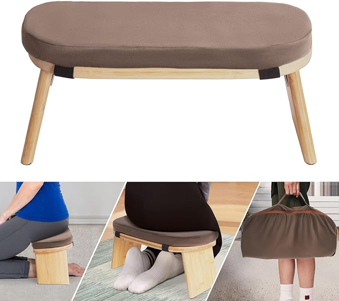 Meditation Prayer Bench, Portable Foldable & 5° Ergonomic Tilt Kneeling Meditation Yoga Stool with Cushion & Carry Bag for Home/Studio/Gym, Bamboo & Velvet Kneeling Stools (Coffee)