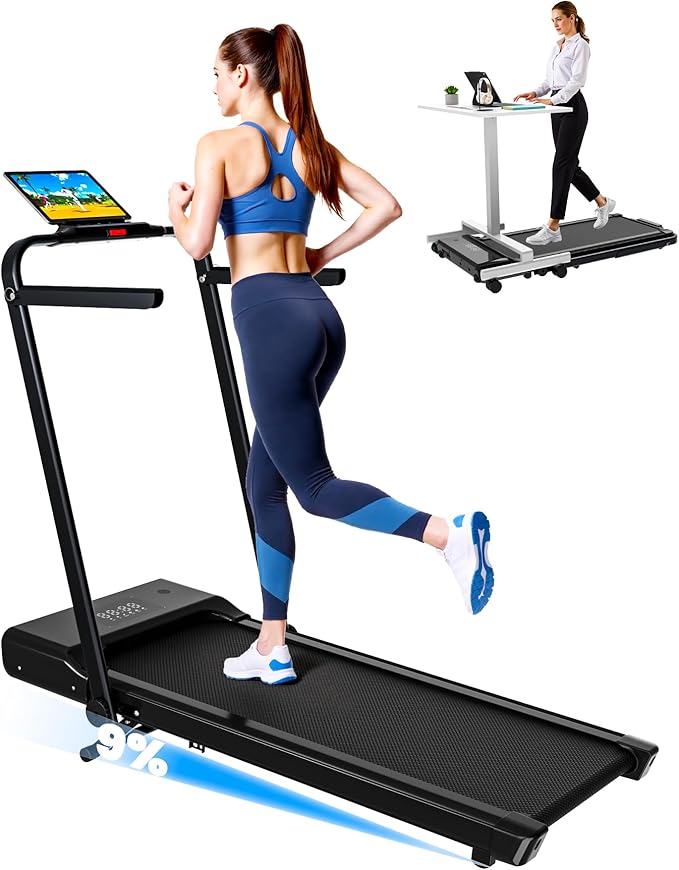 DeerRun Walking Pad Treadmill with Incline and Handle Bar, 4-in-1 Foldable Under Desk Treadmills for Home Small or Office, 300 lbs Capacity 3.0 HP Folding Portable Walking Pad with APP