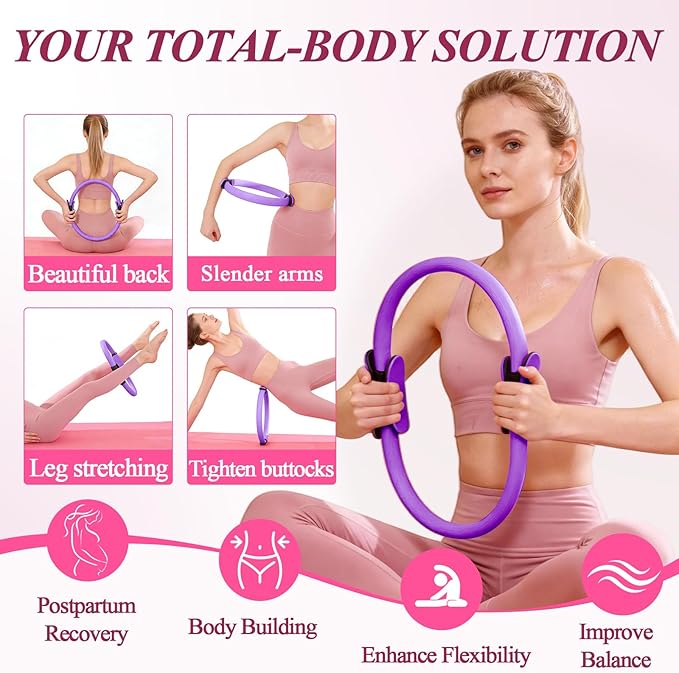 Pilates Ring and Small Ball Set for Women with 5 Resistance Bands, 14 inch Magic Circle Home Workout Essentials Starter Kit for Beginners, Yoga Sets for Full Body Toning Shape