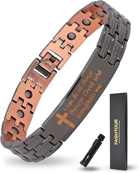 Magnetic Bracelet and Ring Set for Men, 99.99% Pure Copper Jewelry, Adjustable Cross & Celtic Knot Design, Gift for Dad