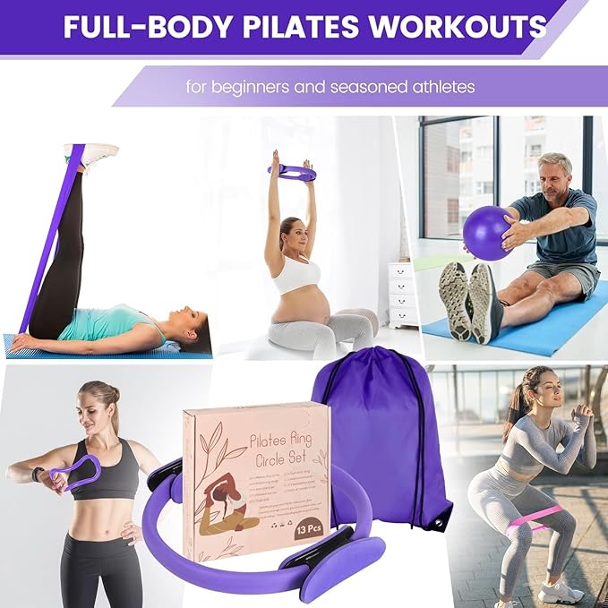 Home Pilates Essentials Kit for Women - Complete Pink Equipment Set with 9 Inch Yoga Ball, Figure 8 Resistance Band, Bands & Accessories, Ring for Beginners Workouts