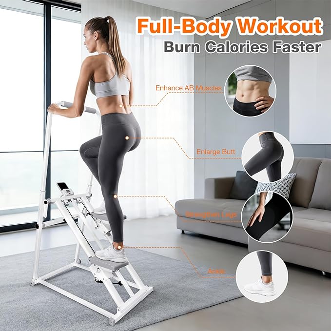 Foldable Stair Stepper Machine with Handles - Adjustable Stepper for Home Cardio, Low Impact Workout Equipment for Legs, Glutes & Weight Loss - Compact Stepping Machine, Easy Assembly White