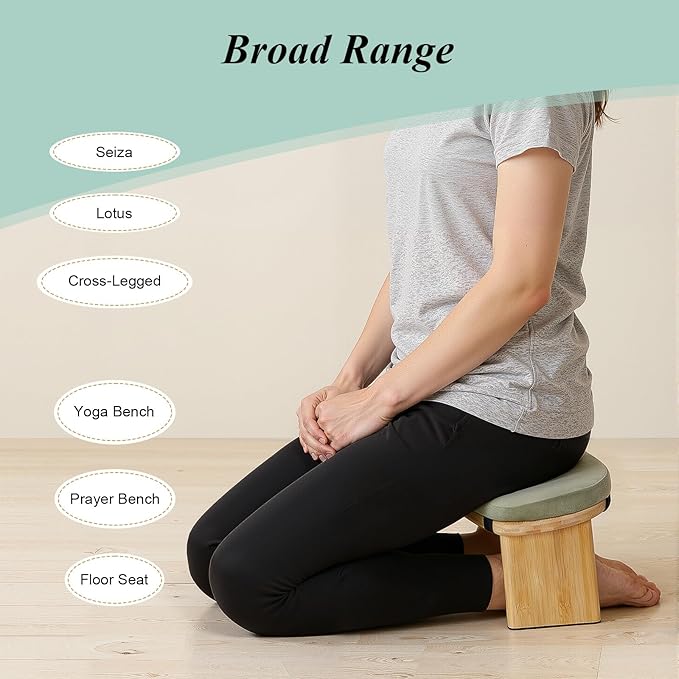 Meditation Bench, Foldable Ergonomic Meditation Stool Foldable Bamboo Kneeling Meditation Wooden Bench Yoga Stool Floor Sitting Prayer Bench for Yoga or Sitting (Green)