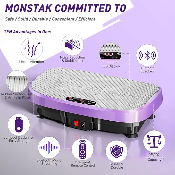 Vibration Plate Exercise Machine for Whole Body Workout, Vibrating Platform for Fast Weight Loss, Lymphatic Drainage & Pain Relief, Home Fitness Equipment with LED Touch Screen Pull Cord, Purple