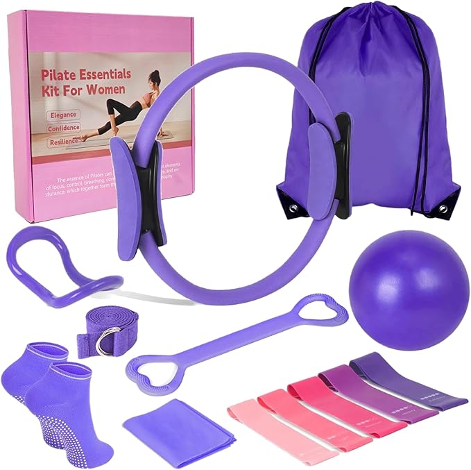 All-in-One Pilates Kit for Women: 13-Piece Home Pilates Equipment Set with Pilates Ring and Pilates Ball, Pilates at Home Workout Essentials for Beginners, Full Body Toning and Stretching