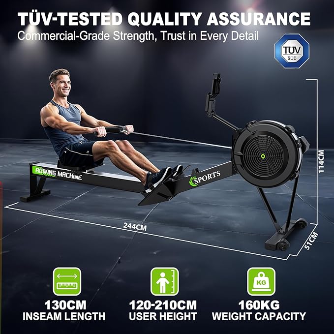 Rowing Machines for Home: 10 Level Air Resistance Professional Rowing Machine with Bluetooth Backlit Display, Tablet Holder, APP Compatible, Easy Storage