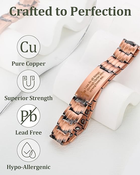Copper Cross Bracelet for Men - Ultra Strength Magnetic Mens Cross Jewelry Set - Adjustable Magnetic Bracelet with Sizing Tool Jewelry Box