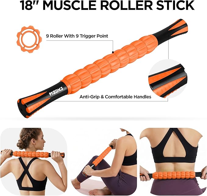 Muscle Roller & Massage Roller Stick for Athletes - Lymphatic Drainage Support, Relieves Muscle Soreness, Cramping & Tightness - Targets Legs, Arms, Back & Calves （Orange - 18inch）