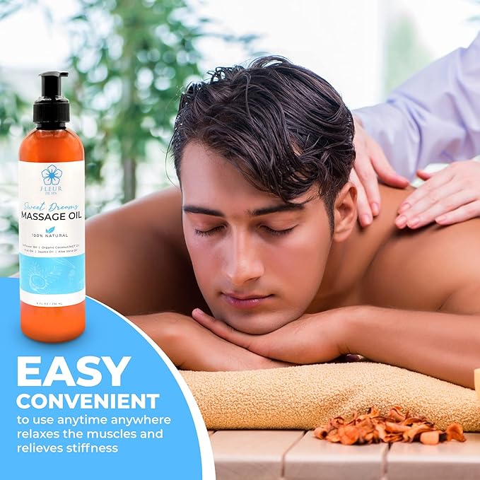 Massage Oil 8oz Pump by FLEUR DE SPA – Luxurious Therapeutic Body Oil – Made in USA – Safflower & Organic Coconut with Acai Berry – Soothes Sore Muscles, Relieves Stiffness, Anti-Cellulite