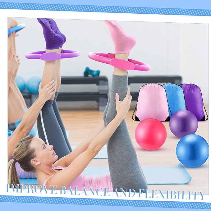 Poen Pilates Equipment Kit for Home Workout Pilates Ring and Ball Set for Women 12'' Circle Yoga Fitness Essentials Kit with Resistance Bands, Yoga Strap, Socks,Bag