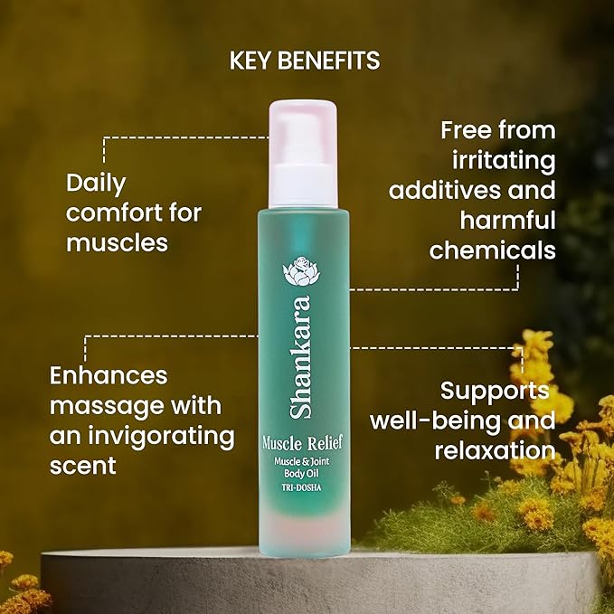 Shankara Muscle Relief Oil – Body Massage Oil for Sore Muscles and Joints with Arnica, Boswelia & Sweet Birch – Gua Sha, Ayurvedic Massage Therapy, Post Gym, Relaxation (100ml)