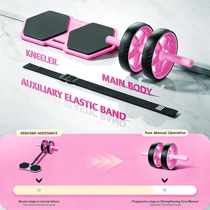 Double-Wheel Ab Roller for Core Training – Rebound Design with Adjustable Elastic Band, Silent Non-Slip Wheels, Detachable Build, Knee Pad & Bands – Home Gym Gear for Men/Women