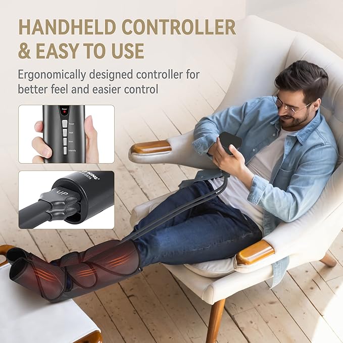 FIT KING Air Compression Leg and Foot Massager with Heat for Circulation and Pain Relief Helpful for Swollen Legs Edema RLS - Great Gift for Women Parents Friends