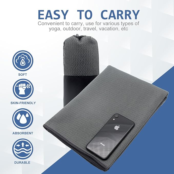 Eunzel Hot Yoga Towel, Non-Slip Yoga Mat Towel with Silicone Grip Dots Absorbent Microfiber for Exercise, Fitness, Pilates, Grey