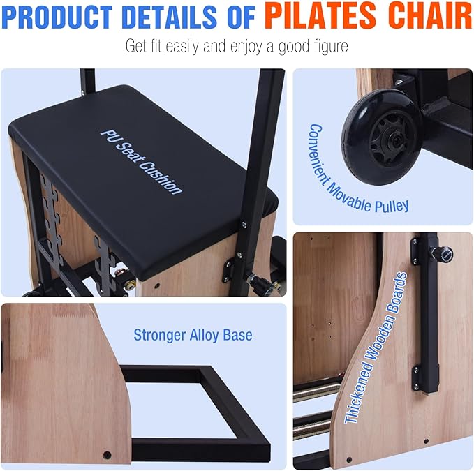 Pilates Chair for Yoga Fitness Pilates Reformer Machine with Split Pedal,Handles & Springs of Different Resistances Pilates Combo Equipment Non-Slip Socks for Home Use Gym Workout & Rehabilitation